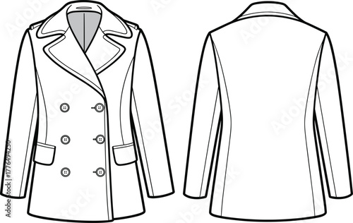 Double breasted coat fashion sketch, technical flat illustration, garment drawing with wide lapel, tailored outerwear design, clothing vector template for winter