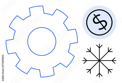 Gear symbol for industry, dollar sign for finance, and snowflake for creativity and uniqueness. Ideal for mechanics, innovation, economic growth, winter themes, manufacturing, strategy