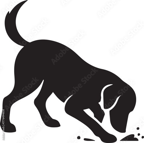 A silhouetted dog is actively sniffing at the ground with focus