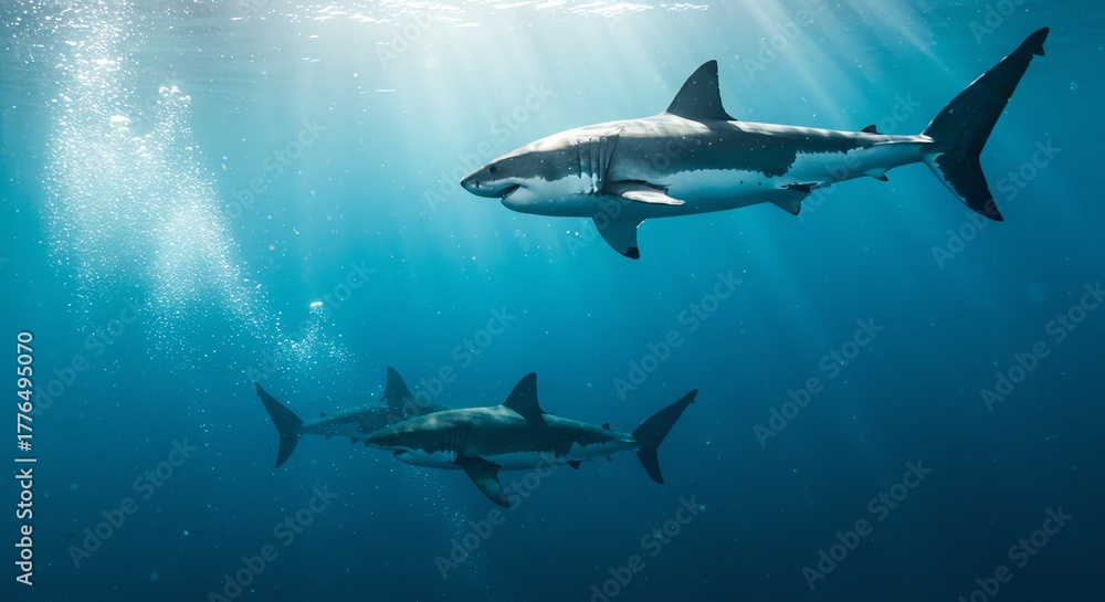 Fototapeta premium Great white sharks swimming in blue ocean water