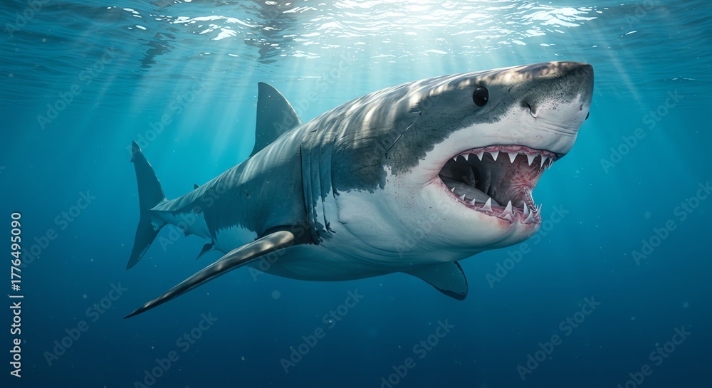 Naklejka premium Great white shark swimming in ocean water