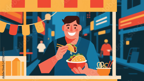 Illustration Vector Person Enjoying A Street Food Meal Taco, Noodle Bowl) From A Vendor, Smiling At The Camera Vector Design Template