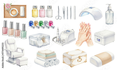 Watercolor Set of Manicure and Nail Salon Equipment