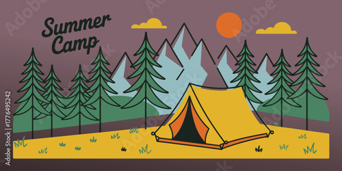 Summer camp concept illustration with tent mountains forest and sunny day flat landscape design for camping hiking and nature tourism
