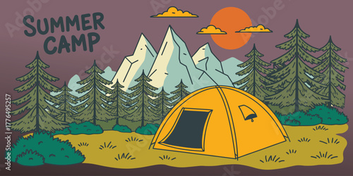 Summer camp concept illustration with tent mountains forest and sunny day flat landscape design for camping hiking and nature tourism