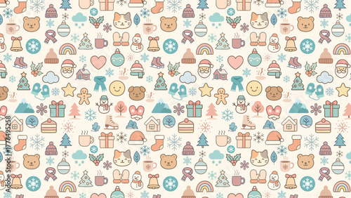 Soft pastel seamless vector pattern with cute Christmas and winter icons such as snowflakes, Santa, trees, gifts, snowmen, and cocoa cups. Ideal for holiday wrapping, cards, and festive backgrounds.