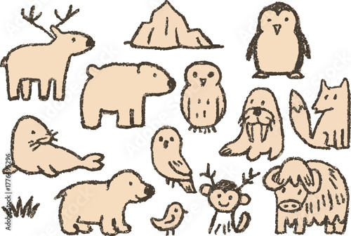 Adorable arctic animal illustration set for nursery wall art and kids room decor. Cute pastel doodles of polar bear, penguin, fox, seal, owl, and reindeer.