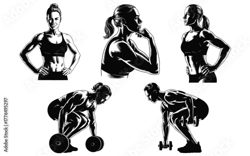 Black and white fitness illustrations of women woman