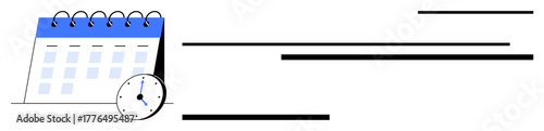 Calendar with spiral binding and small clock at bottom corner. Ideal for planning, organization, time management, productivity, deadlines, meetings, schedules. Simple flat metaphor