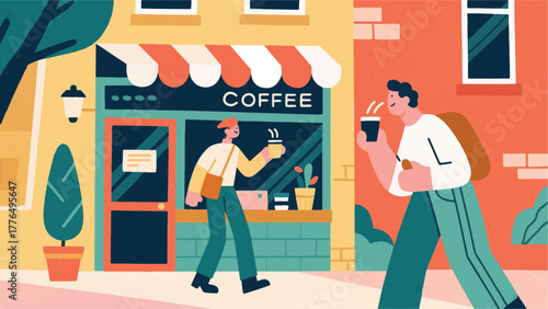 Illustration Vector Person Finding A Hidden, Charming Local Coffee Shop And Enjoying A Cup Outside Vector Design Template