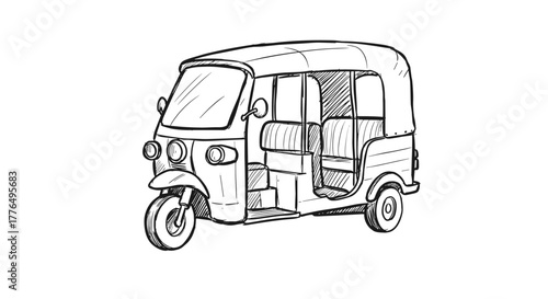 Sketch of a threewheeled rickshaw in black and white