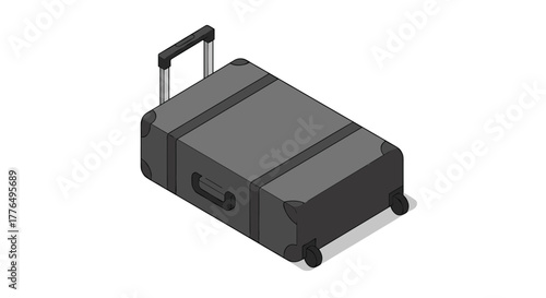 Isometric black suitcase on wheels with retractable handle for travel and luggage concepts