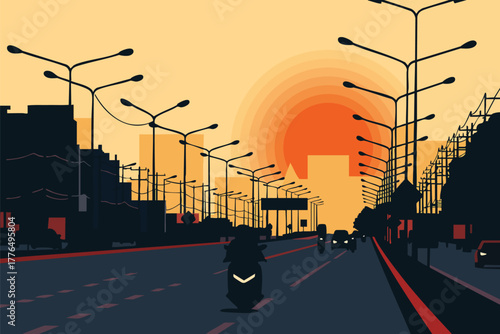Minimal vector of urban street at sunset with glowing sun and city silhouettes. Perfect for modern design, travel themes, and evening city concepts.