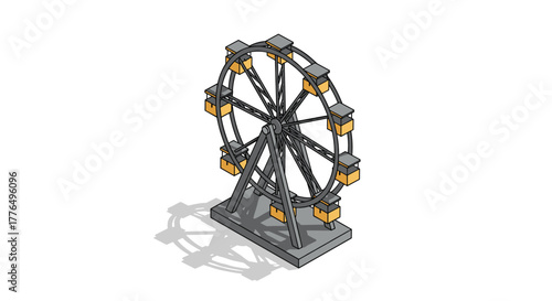 Isometric amusement park ferris wheel with orange cabins and shadow
