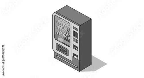Isometric vending machine design with snacks and drinks on white background