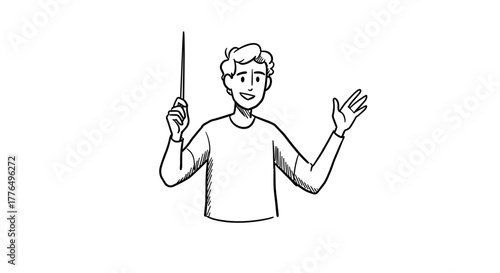 Conductor leading with baton in minimalist black and white sketch style