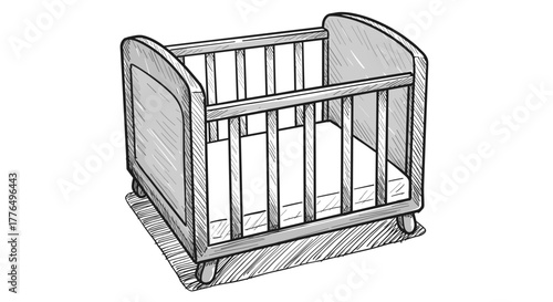 Handdrawn sketch of a wooden baby crib on wheels