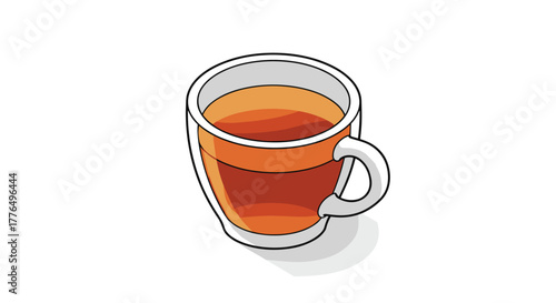 Isometric glass mug filled with warm tea on a white background