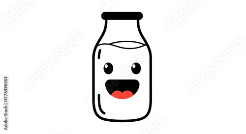 Cute cartoon milk bottle with smiling face icon on white background