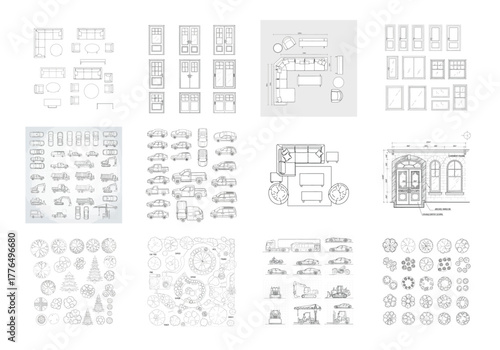Architectural elements furniture vehicles plants vector