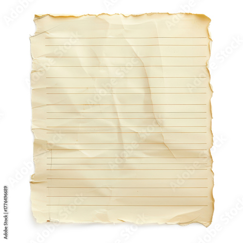 old brown or yellow line paper, yellowed crumpled and torn edges isolated on white or transparent png