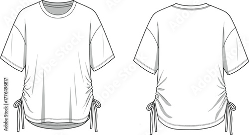 Women's short sleeve top, fashion flat sketch, ruched side seams, drawstring hem, round neck, casual fit, technical illustration, apparel design
