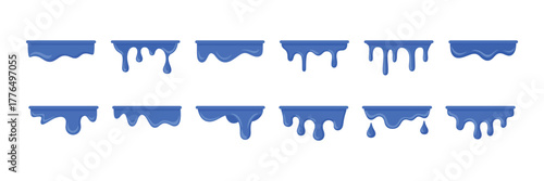 Collection of blue paint drips and splatters isolated on white background