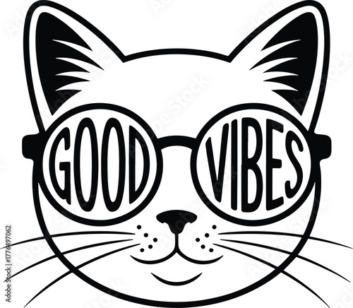 Cartoon cat with good vibes message wearing round framed glasses illustration