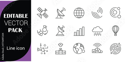 Communication and Technology Line Icons Pack Keywords: satellite, antenna, globe, radar, orbit