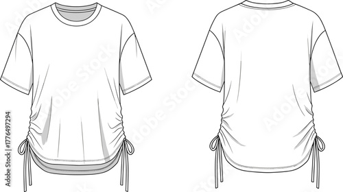 Women's short sleeve top, fashion sketch, ruched side seams, adjustable drawstring, technical illustration, front and back view, apparel design
