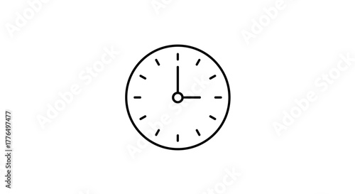 Minimalist linear clock icon showing nine o'clock on white background