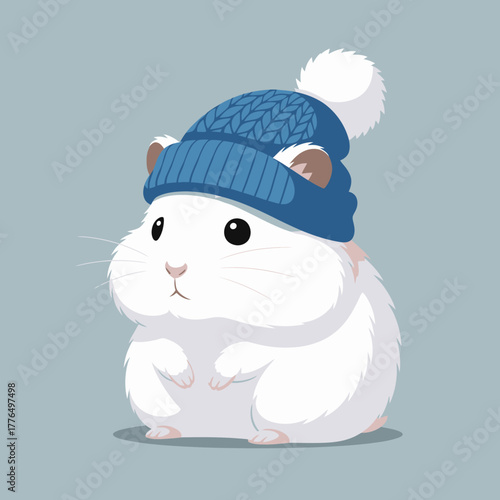 Adorable hamster wearing a blue winter hat with a fluffy pom pom, cute and cuddly pet, a charming animal illustration originally created as scalable vector