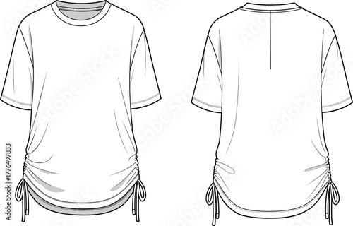 Women's t-shirt fashion sketch, short sleeve top, ruched sides, adjustable drawstring, technical flat, apparel design, front back view