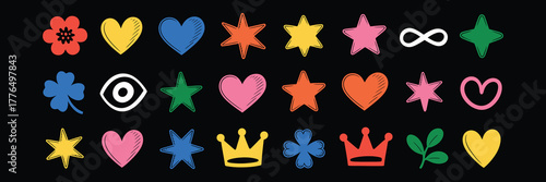 A collection of colorful handdrawn icons including hearts, stars, flowers, crowns, and other symbols on a black background