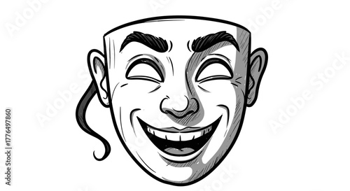 Monochrome laughing face with bold outlines and closed eyes