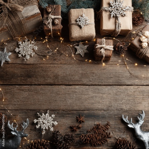 Rustic Christmas Gifts and Decorations on Wooden Background.