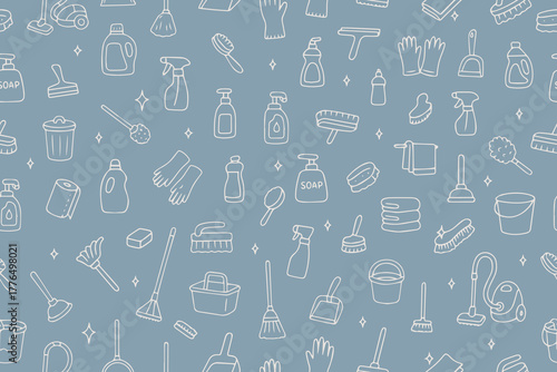 Seamless vector banner with outline cleaning icons on a blue background. Hand-drawn household elements. Vector 