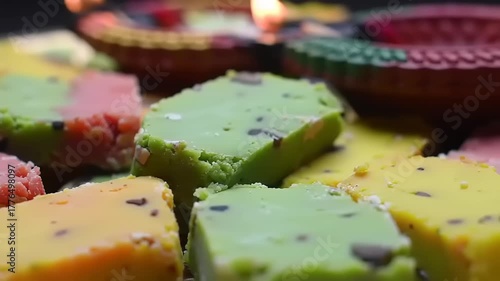 Colorful Indian sweets  lit Diwali lamps.