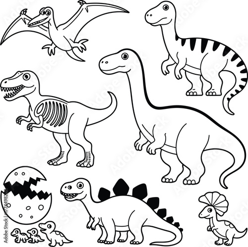 Cute Cartoon Dinosaurs Collection Outline Drawing for Coloring Books or Pages