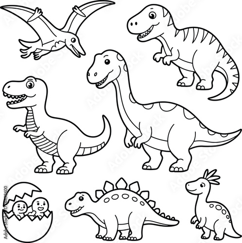 Cute cartoon dinosaurs coloring page black and white outline illustration