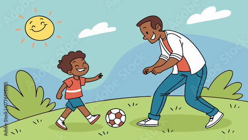 Father and son playing soccer together outdoors on a sunny day, smiling and enjoying quality time in nature