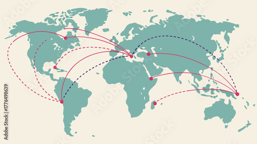 World map with dotted migration paths connecting regions, illustrating international movement and global connections