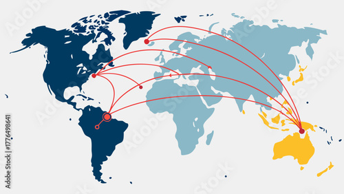 World map showing colorful migration routes connecting continents, symbolizing global movement and international connections