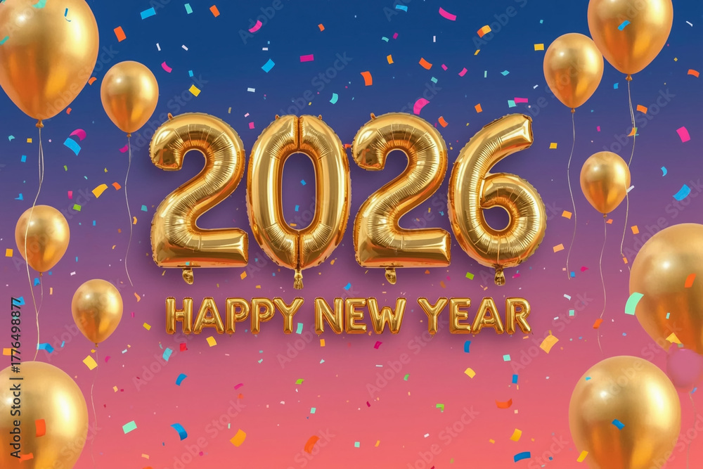 Naklejka premium Gold vector stars and snow decoration on a happy New Year 2026 greeting card illustration for the winter holiday season celebration