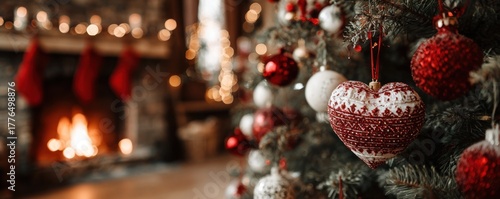 Cozy Christmas Scene with Decorated Tree and Fireplace Ambiance.