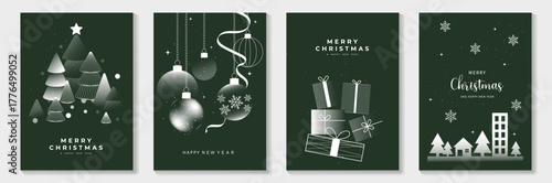 Happy New Year and Merry Christmas poster vector set. Green and silver ornaments with bells, gifts and pine elements. Suitable for greeting cards, posters and digital media.