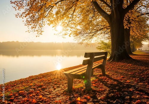Autumn park bench by the lake at sunrise