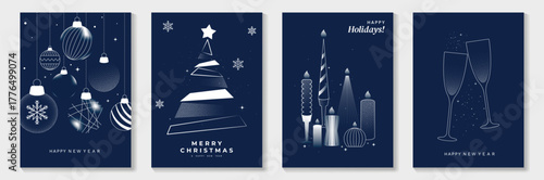 Happy New Year and Merry Christmas poster vector set. Navy champagne bottles, glasses and party confetti for celebration themes. Suitable for greeting cards, posters and digital media.