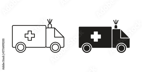 Ambulance icon glyph and line set thin line symbol concept.