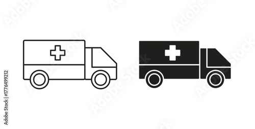 Ambulance icon glyph and line set thin line symbol concept.